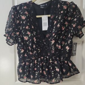 NWT Miss Chievous Black Blouse with Pink Floral Pattern Medium